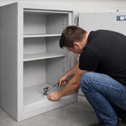 Monteur bei der Verankerung eines Aktentresors